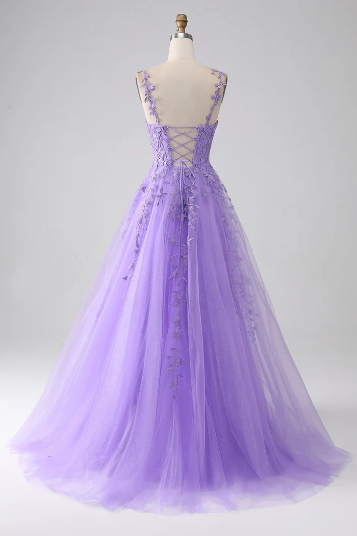 Robe Weitese lilas trapèze à bretelles spaghetti, robe de soirée sans manches, robe longue avec appliques, robe de bal